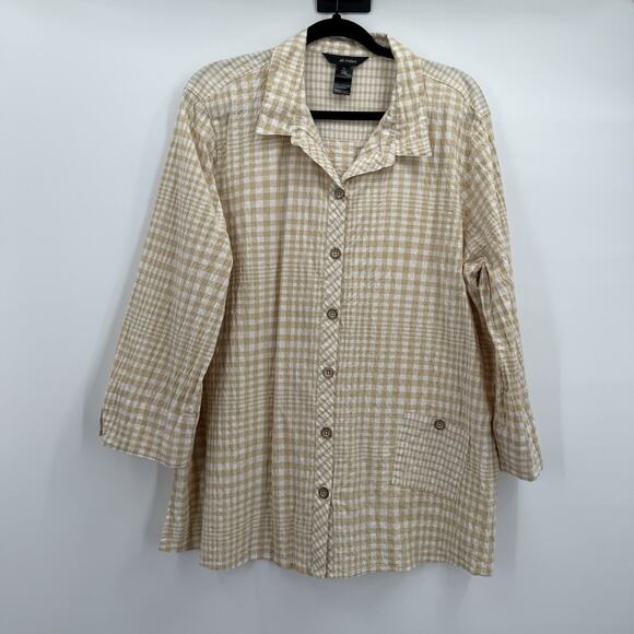 Ali Miles Top Shirt Womens XL Yellow Tan Textured Button Breathable Seersucker - Picture 1 of 11